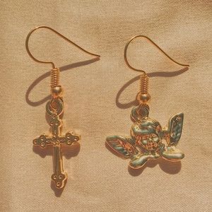 Mismatch Angel Baby Cherub and Cross Earrings